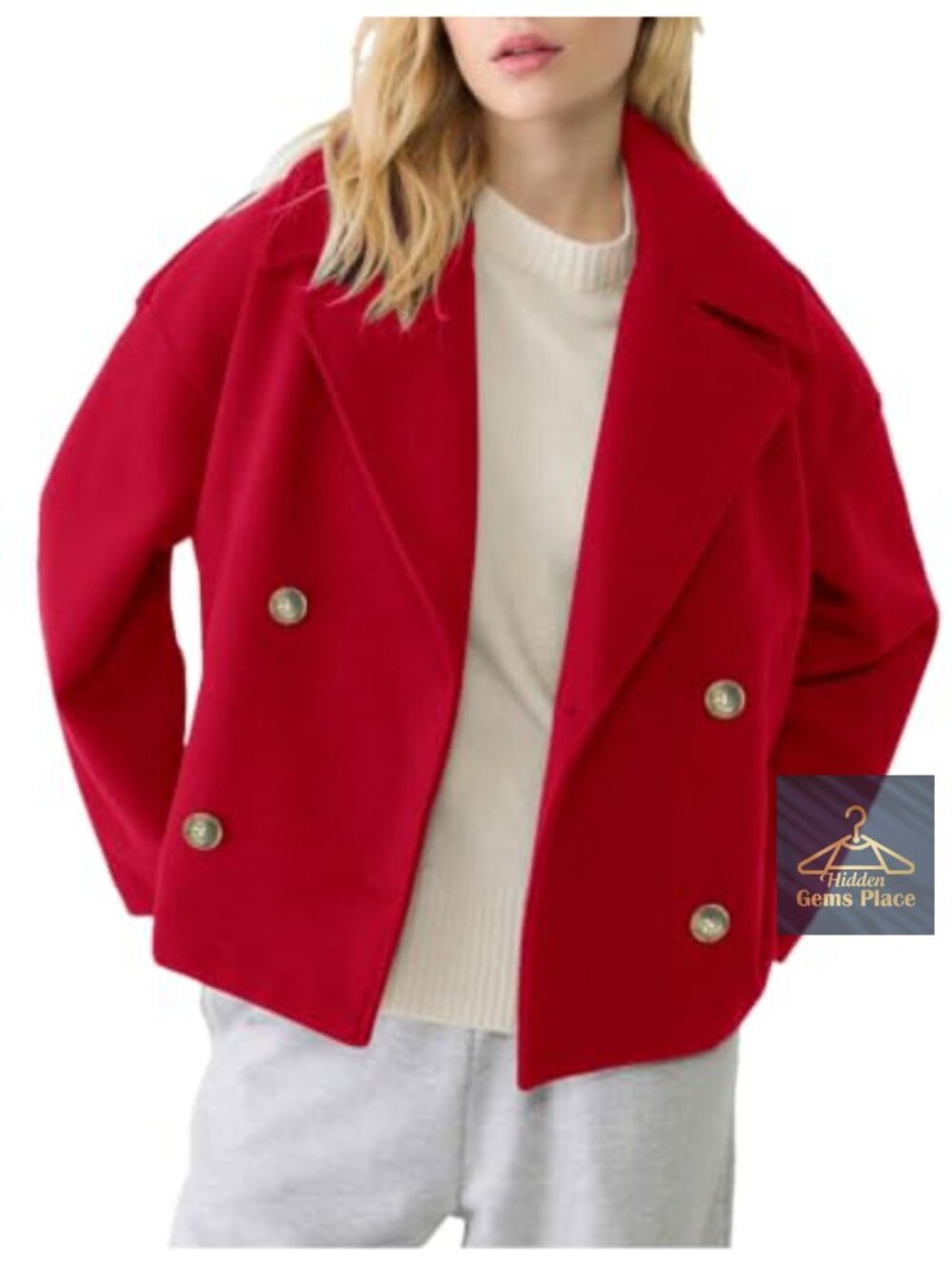 Women's Cropped Pea Coat Double Breasted Notch Lapel Wool Blend Button Jacket